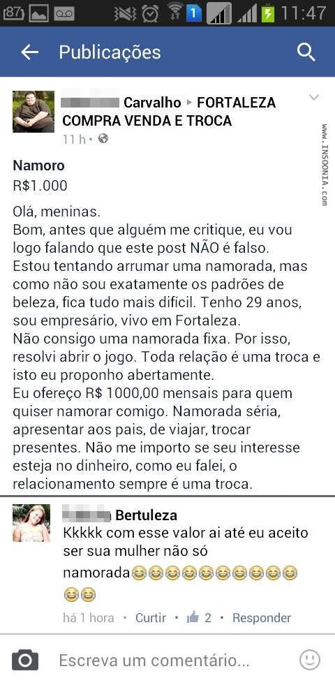 Mil reais para namorar com ele