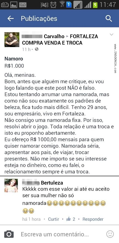 Mil reais para namorar com ele