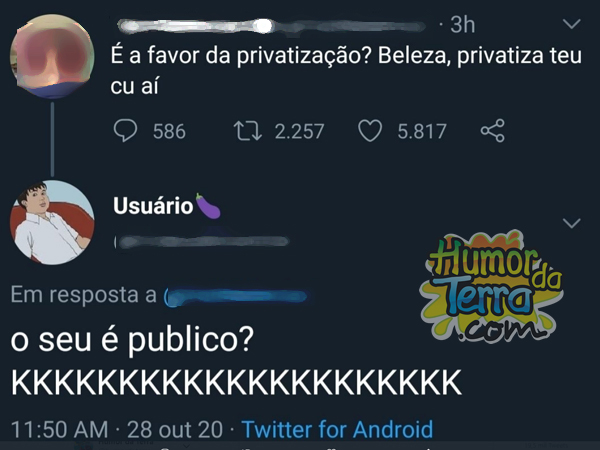 postagem no twitter aborda privatização de partes íntimas do ser humano