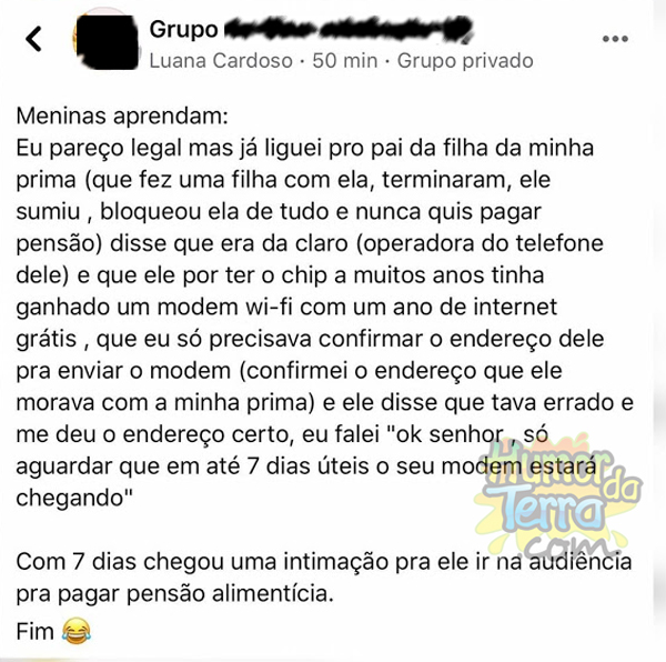 mulher explicando como conseguiu encontrou o ex-marido da prima pra ele ser intimado e pagar pensão